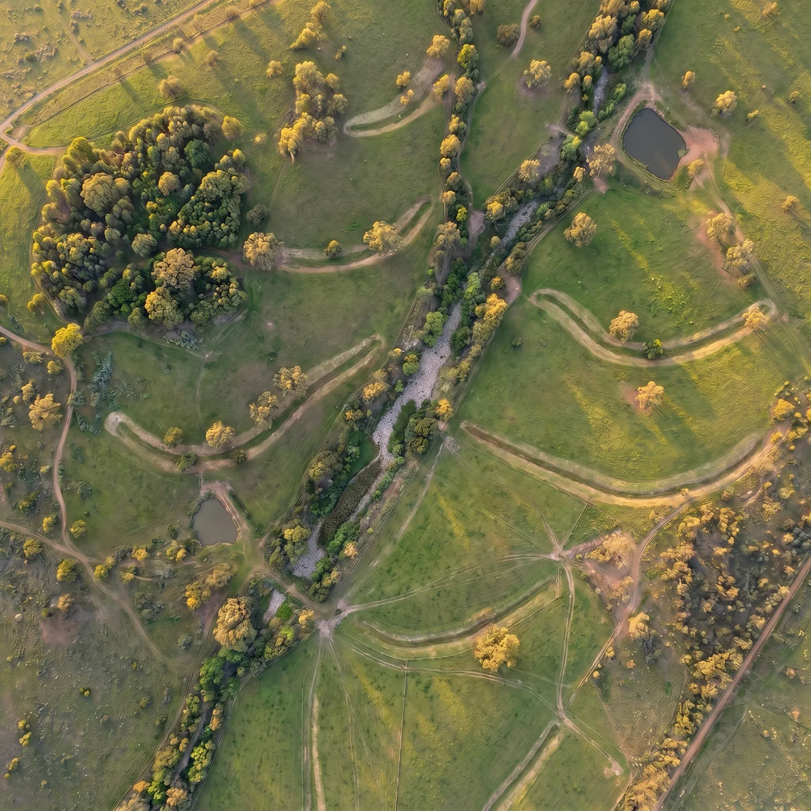 The same property after AgriAutomate's fifteen-year regenerative design — swales, dams, food forest, grazing cells